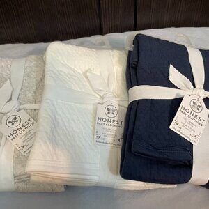 Three HonestBaby Organic Cotton Matelass Receiving Blankets. Navy.Gray.White.
